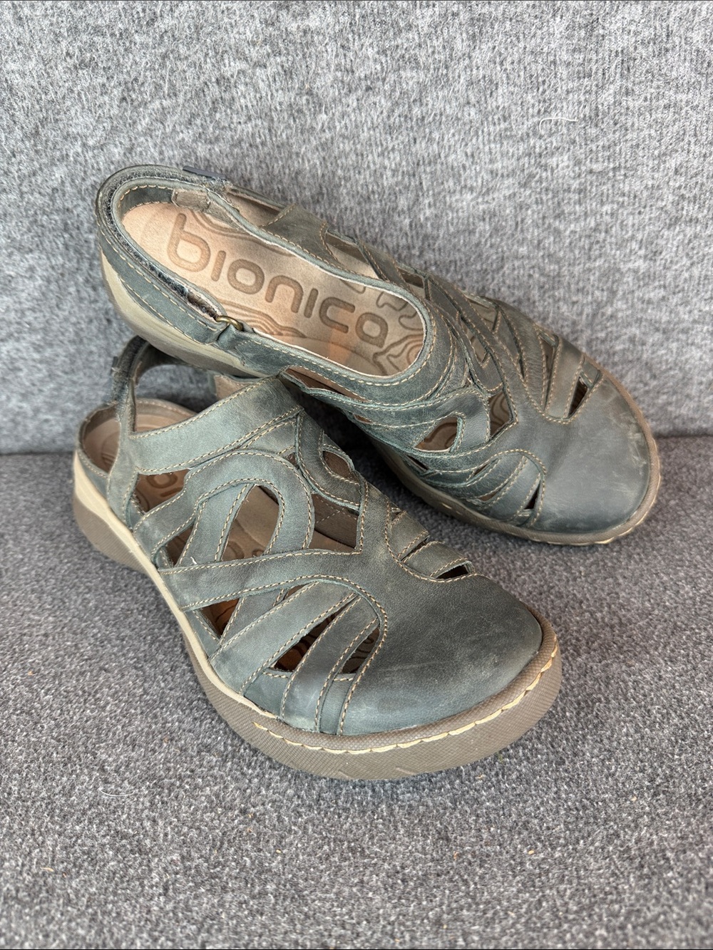 Bionica Maclean Women's Teal Gray Caged Leather Slingback Sandals 8M